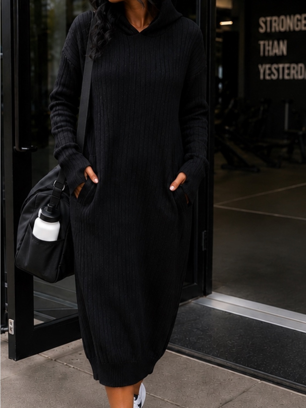 Maya Black Hooded Rib-Knit Maxi Dress Travel/Lounge Atheleisure Sporty w Pockets